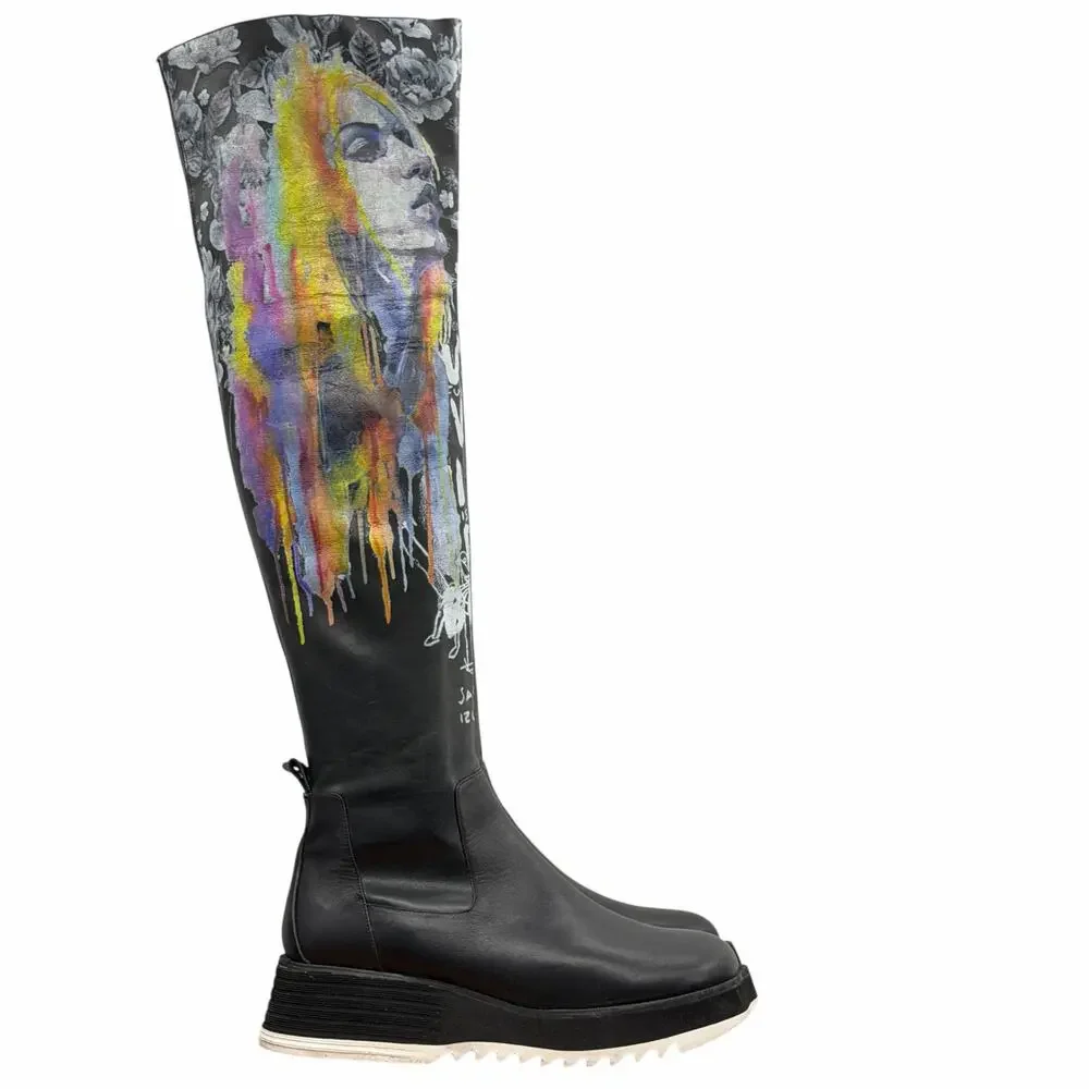 Roksolana Graphic Knee High Boots 40 Women Black Art to Wear Designer Punk Rock